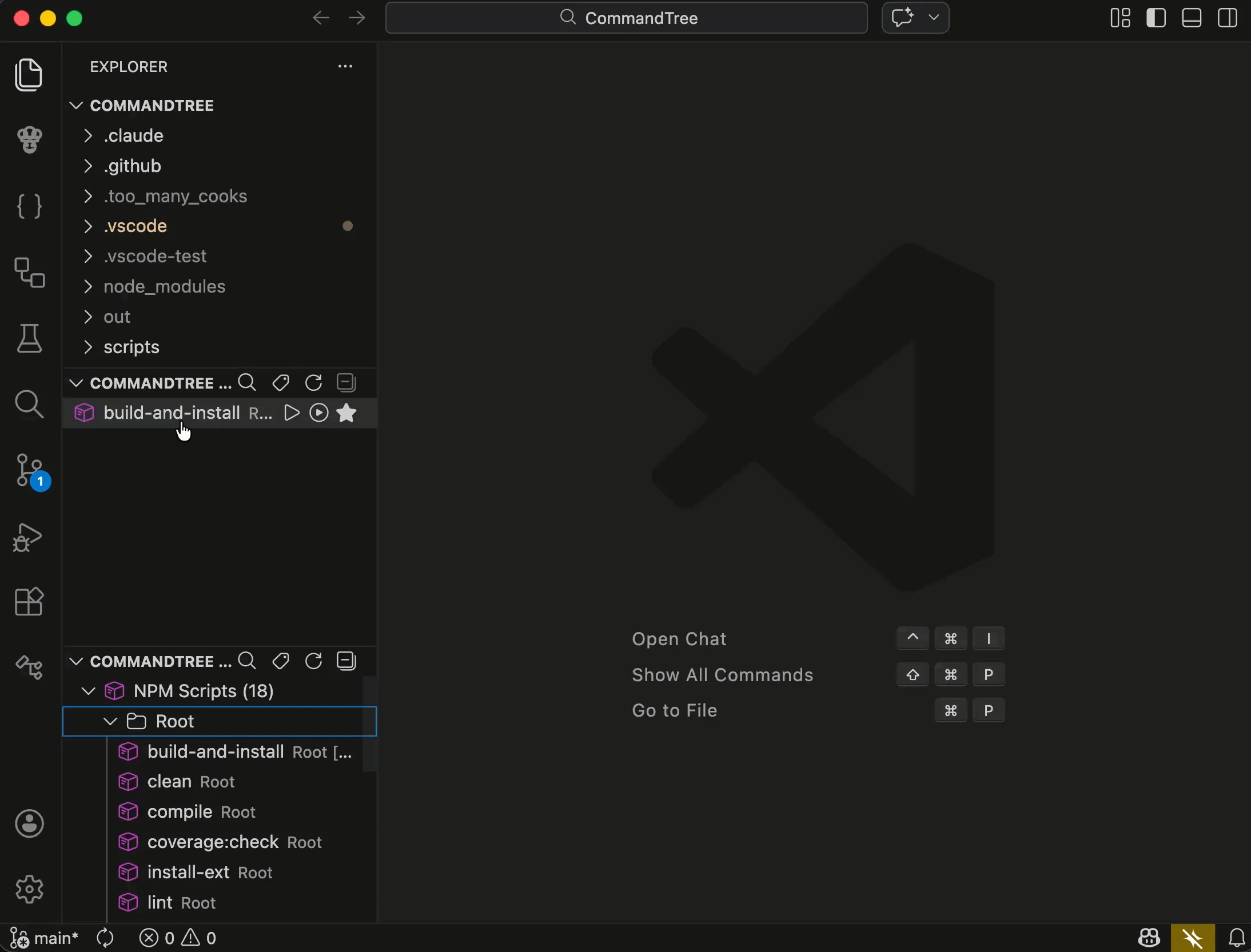 CommandTree VS Code extension showing workspace command discovery sidebar