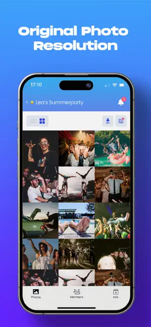 Sam app interface showing photo sharing features